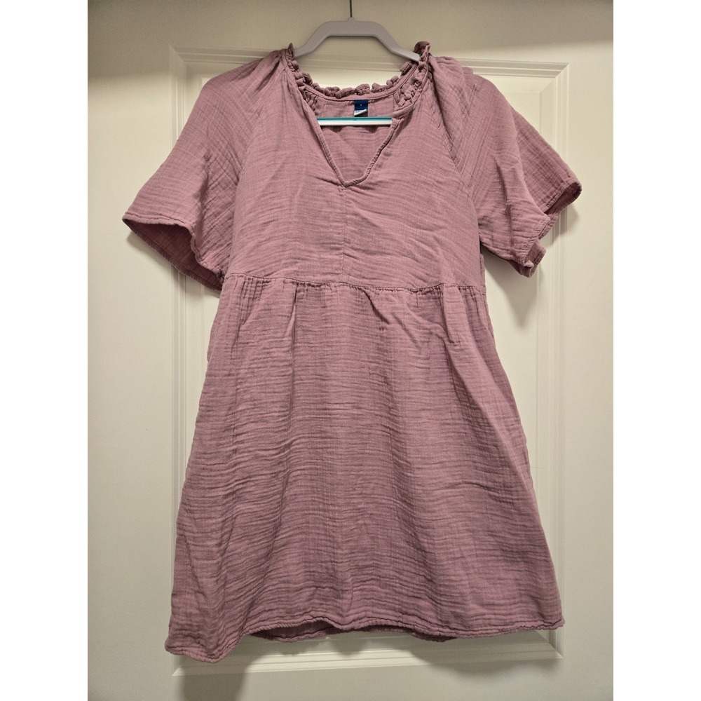 Old Navy Womens Cotton Gauze Mini Dress Mauve Pink Ruffle Neck Short Sleeve S